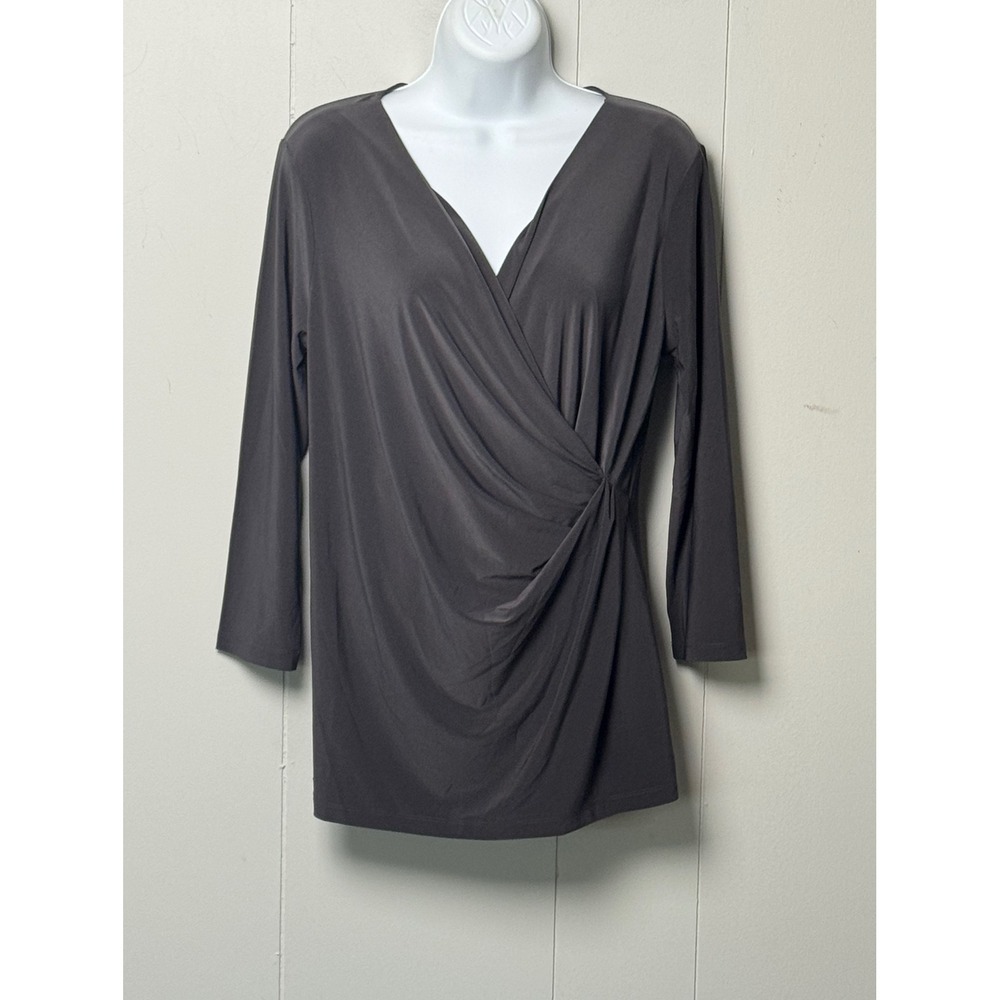 NWT NIC+ZOE Women's Phantom Grey Draped Faux Wrap Top 3/4 Sleeve Size Medium